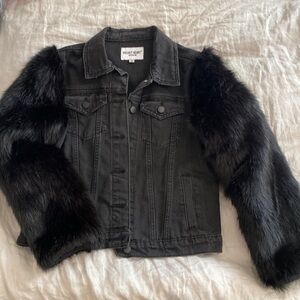 Black denim jacket with fur sleeves